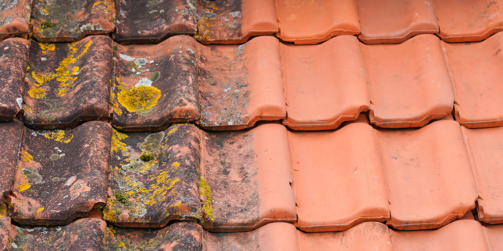 Before and after of pressure wash on tiled roof