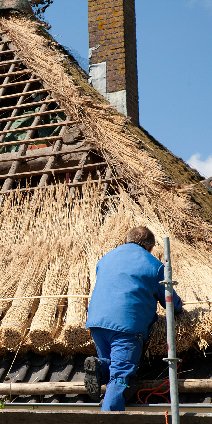 Roofer repairing thatch roof