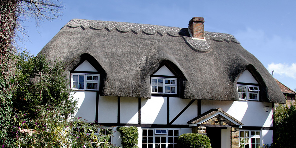 Tudor home with thatch roofing